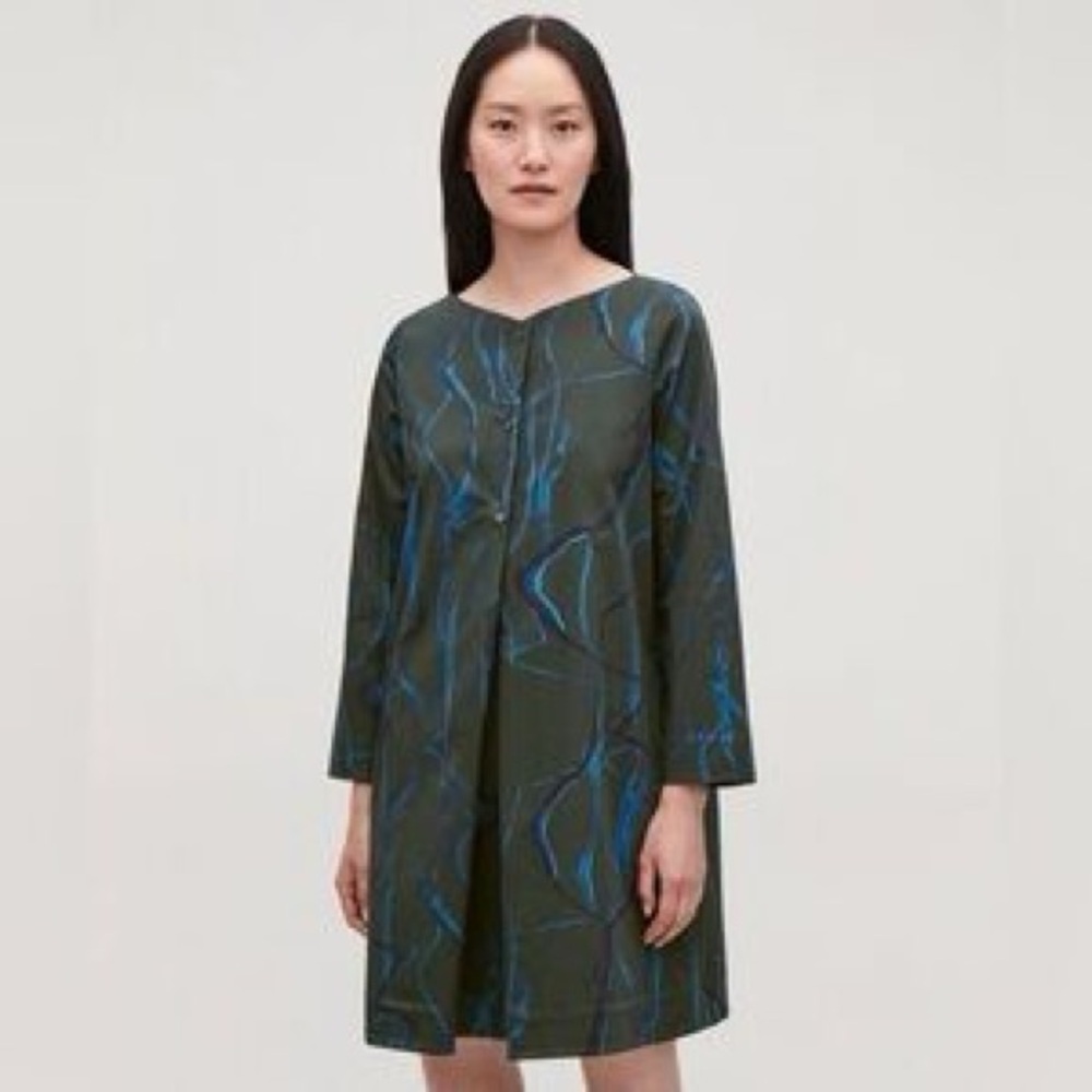 COS Olive Green Long-Sleeve A-Line Dress with Blue Abstract Print